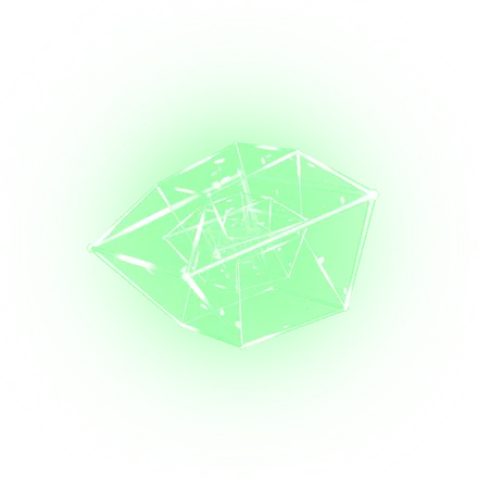 A glowing green Thalorite crystal, a tesseract